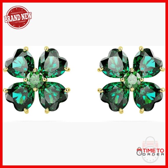 Crystal Stud Earrings with Clover Motif Gold-Tone Setting Post Back